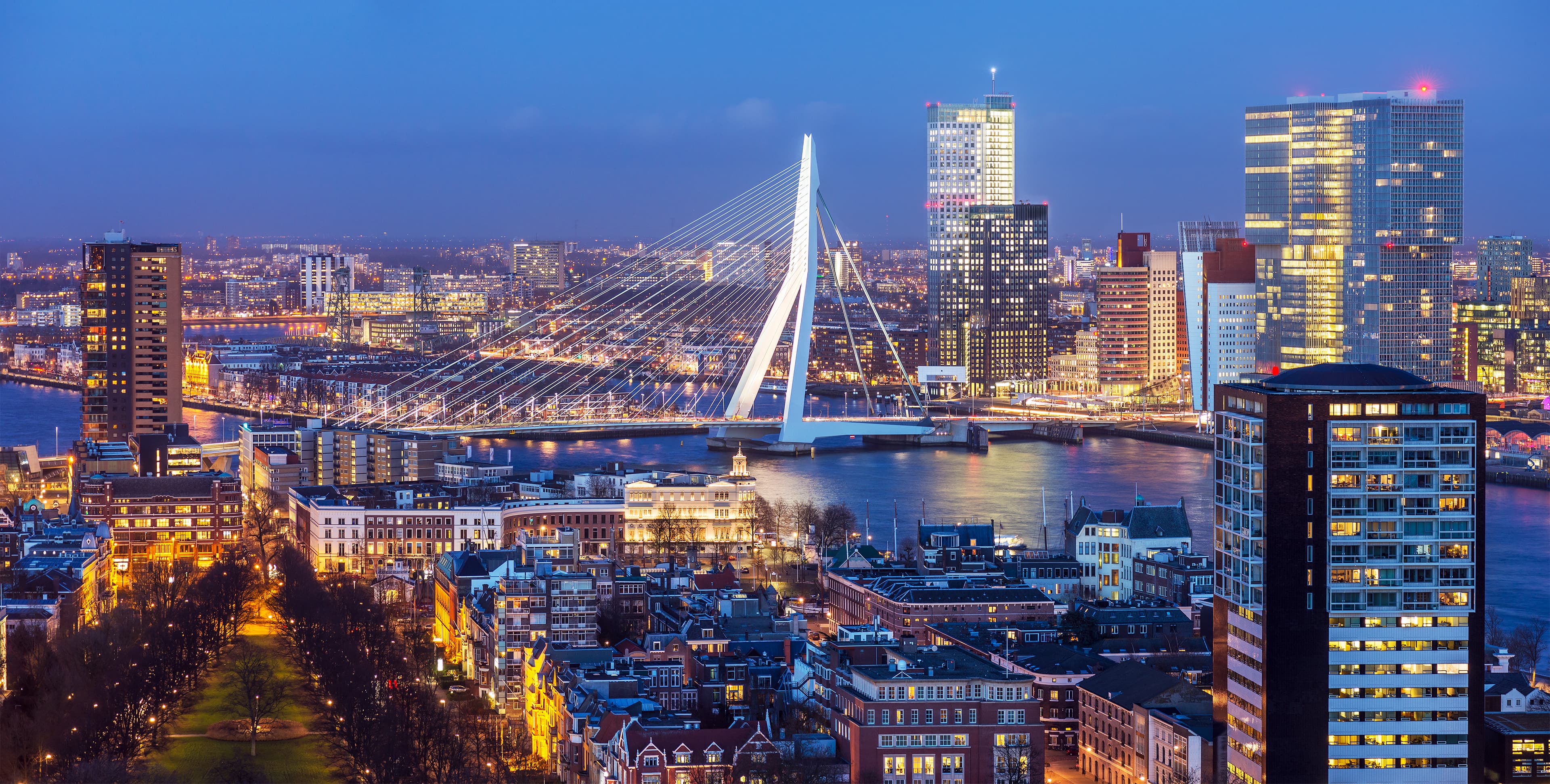 Stadsbilden i Rotterdam i skymningen med den upplysta Erasmusbron som sträcker sig över floden, omgiven av höghus och stadsljus.