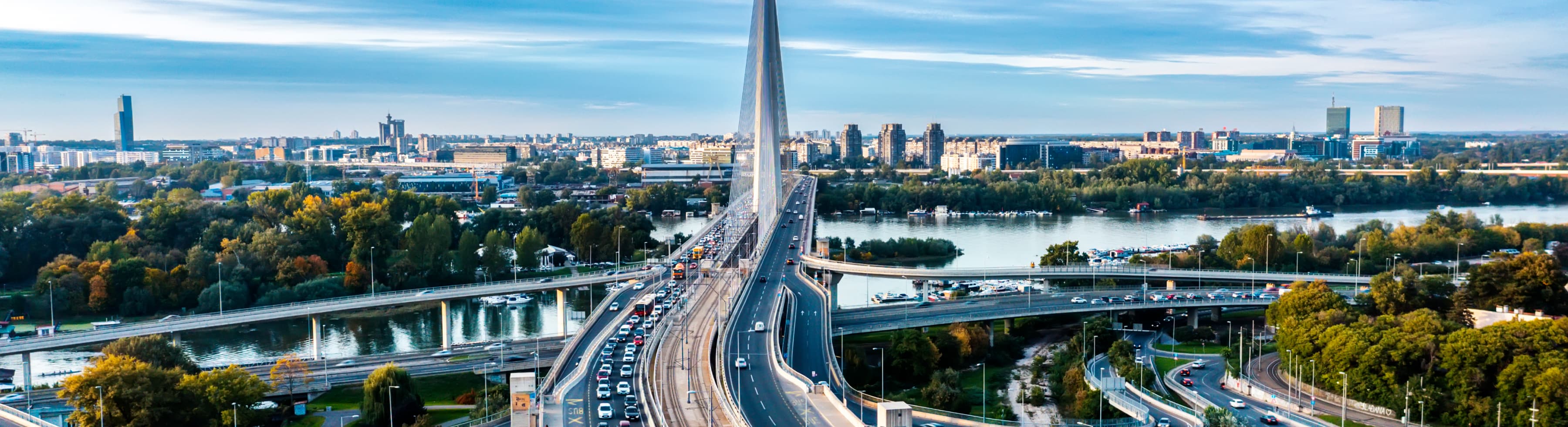 Luftaufnahme einer vielbefahrenen Schrägseilbrücke über einen Fluss, mit einer Stadtlandschaft im Hintergrund und grünem Laub entlang des Flussufers.