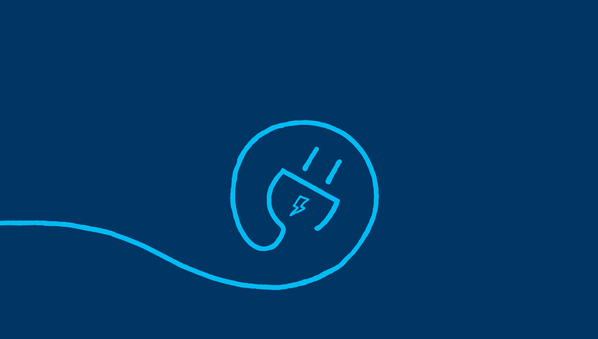 A blue line outlines an electrical plug with a lightning bolt symbol on a dark blue background.