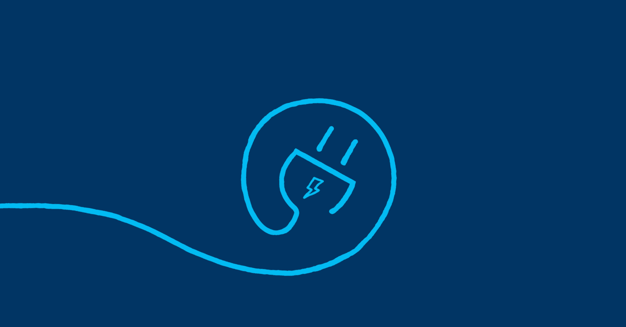 A blue line outlines an electrical plug with a lightning bolt symbol on a dark blue background.
