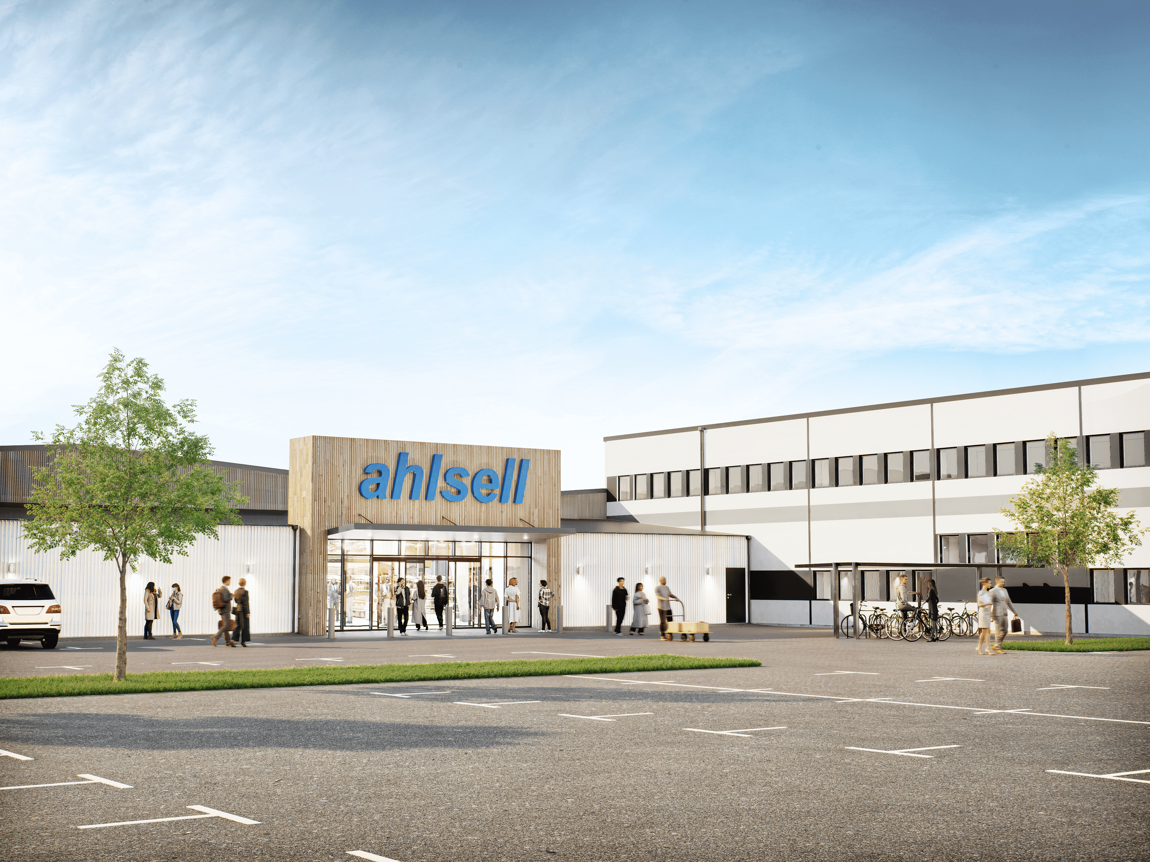 A modern commercial building with an Ahlsell sign, glass entrance, people gathered outside, parked cars, bicycles, and a clear sky.