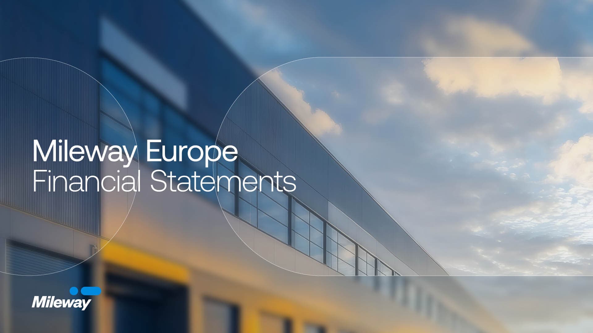 De buitenkant van een modern industrieel gebouw onder een bewolkte hemel, met onderaan links de tekst „Mileway Europe Financial Statements“ en het Mileway-logo.