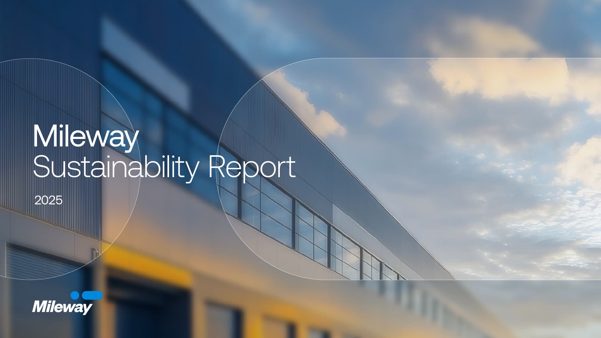 Cover of Mileway Sustainability Report 2025, featuring a modern building façade beneath a partly cloudy sky, with the Mileway logo in the lower left corner.